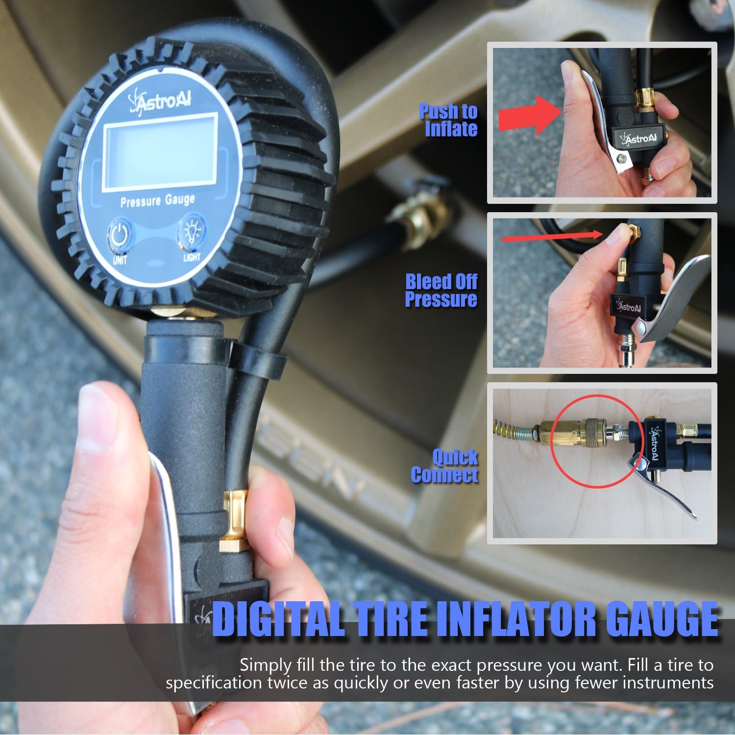 AstroAI Digital Tire Inflator with Pressure Gauge, 250 PSI Air Chuck and Compressor Accessories Heavy Duty with Rubber Hose and Quick Connect Coupler for 0.1 Display Resolution: Automotive