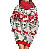 Jumppmile Womens Ugly Christmas Xmas Oversize Turtleneck Pullover Sweater Dress with Pockets