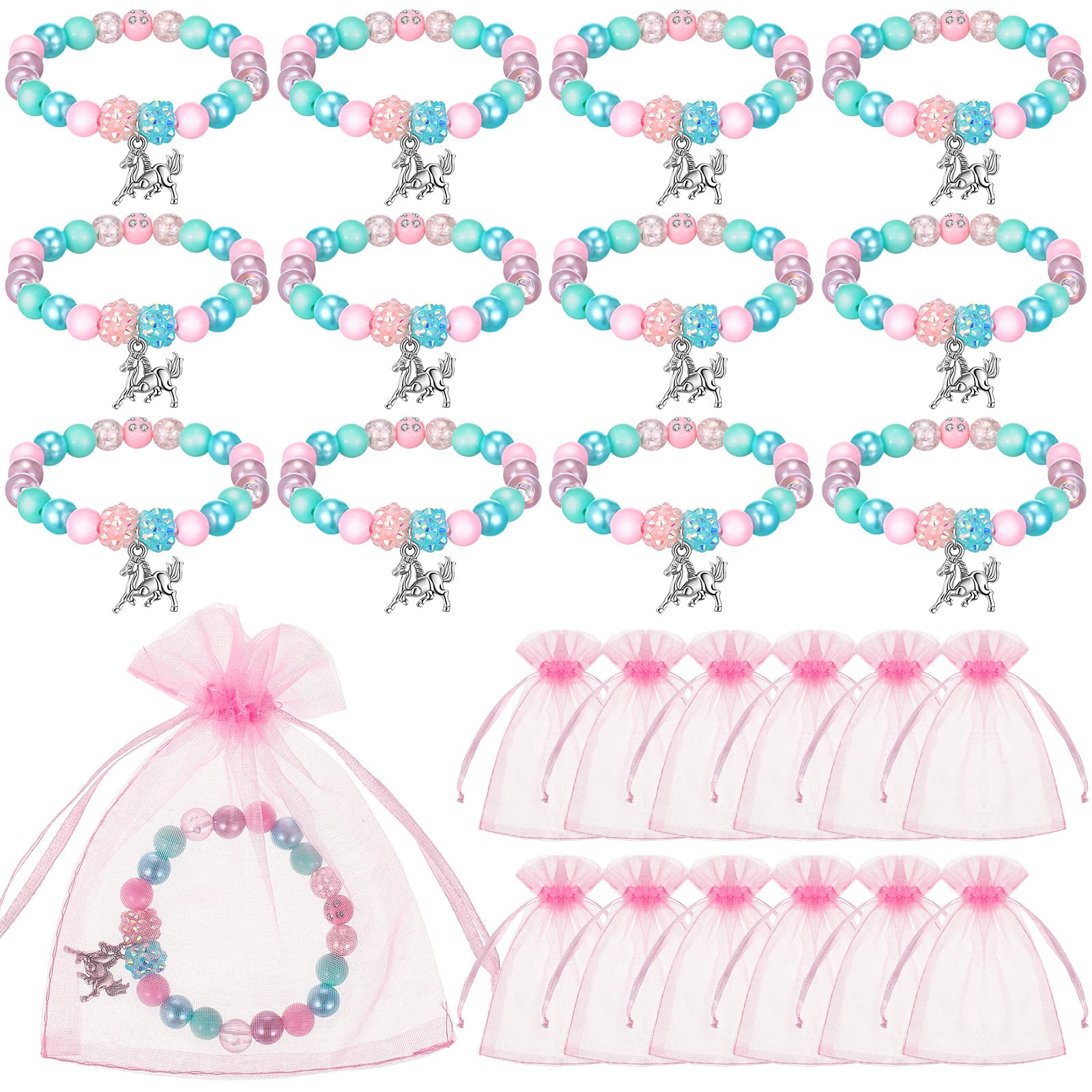 Photo 1 of Cunno 12 Pieces Horse Party Favors Bracelet for Girls Gifts 6 Inch Horse Beaded Bracelet with 12 Small Drawstring Gift Bags Pink Mesh Bags for Christmas Wedding Baby Shower Party Supplies