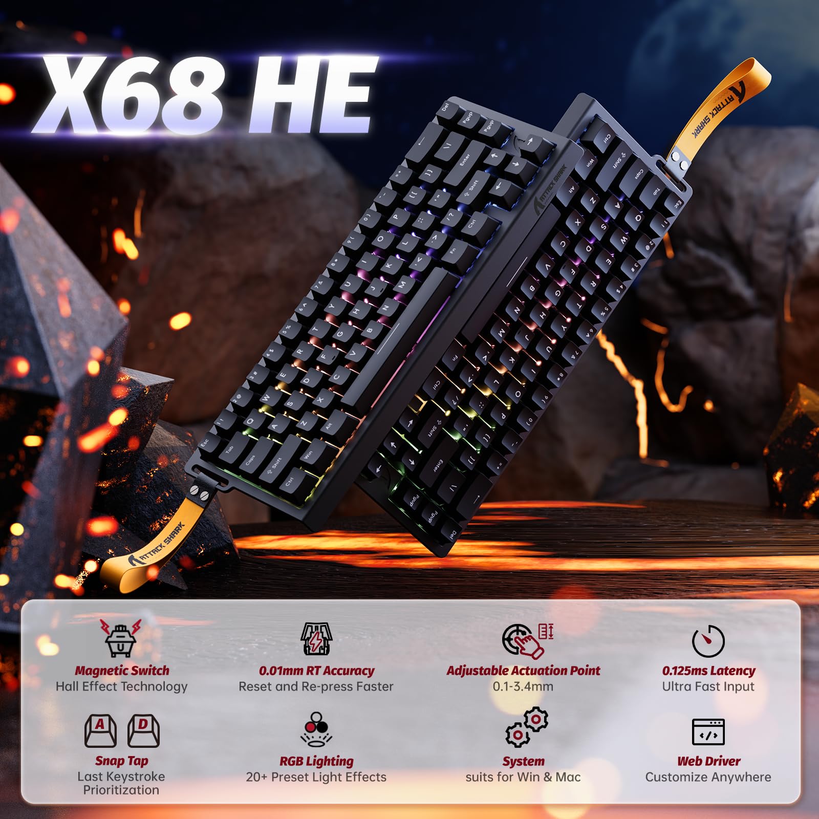 Attack Shark X68 Gaming Keyboard Showing 60% Compact Layout With Rgb Lighting