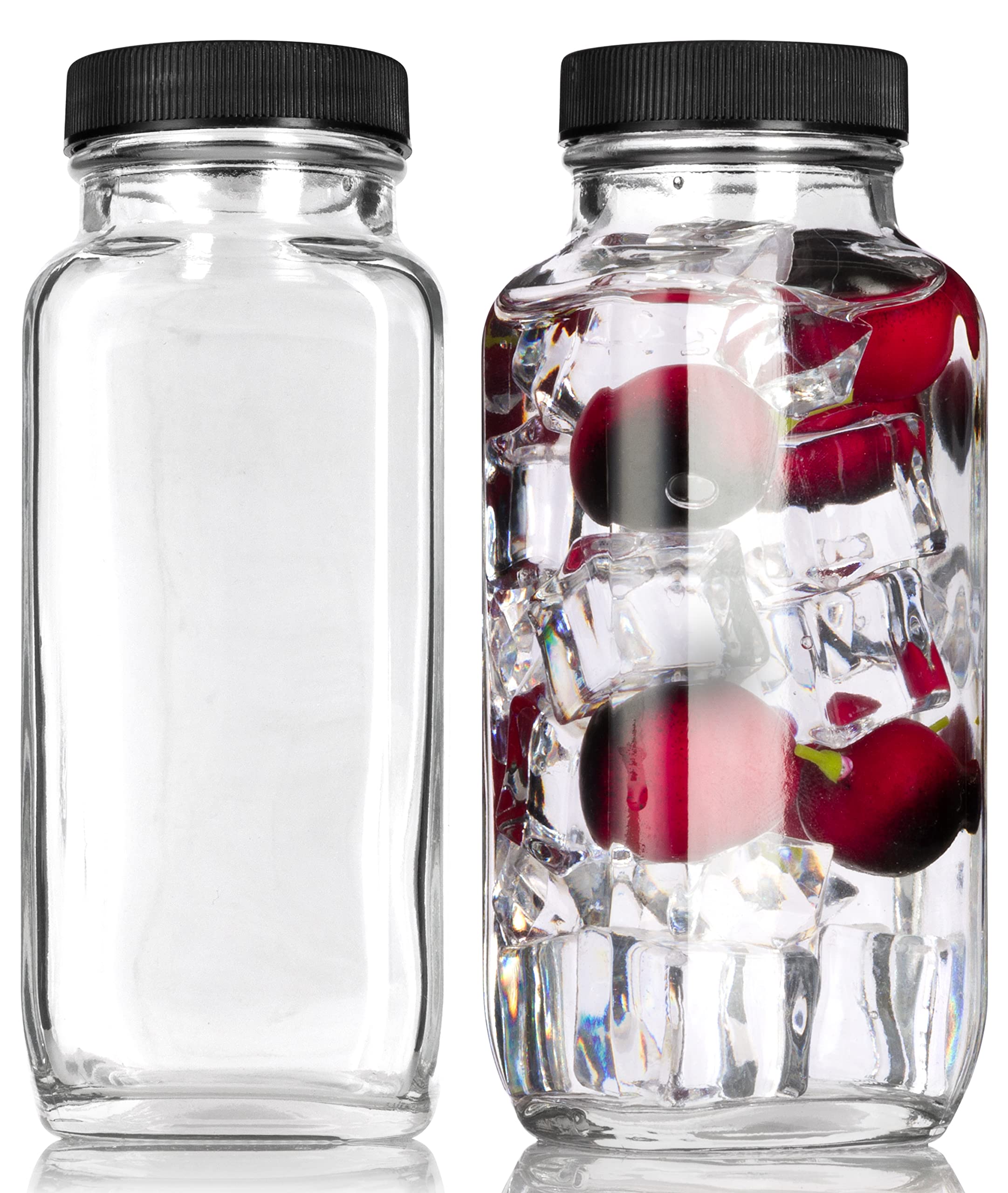 8 oz Clear Thick Plated Glass French Square Empty Bottle Jar with Plastic Lid (2 Pack) Perfect for Home, Travel, Juicing, Kombucha