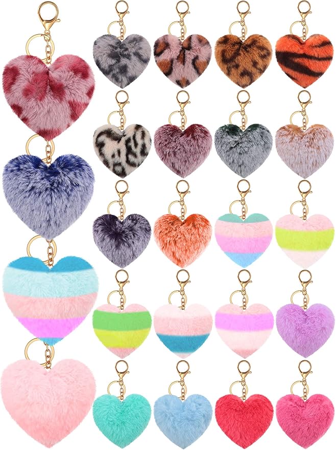 24 Pieces Pom Poms Keychains Fluffy Heart Shape Pompoms Keychain Faux Rabbit Fur Pompoms Keyring