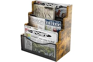 Huapormy Ladder Magazine Holder - Magazine Rack Floor&Wall Mounted Desk Wood and Metal Wire Mesh Magazine Organizer for Magazines, Books, Newspapers in Bathroom, Living Room, Office