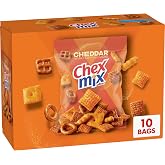 Chex Mix Cheddar Snack Mix, Multipack, 10 Single Serve Bags, 17.5 oz | Corn &amp; Wheat Chex, Cheese Crackers, Mini Breadsticks, Pretzels, 50% Less Fat than Regular Potato Chips