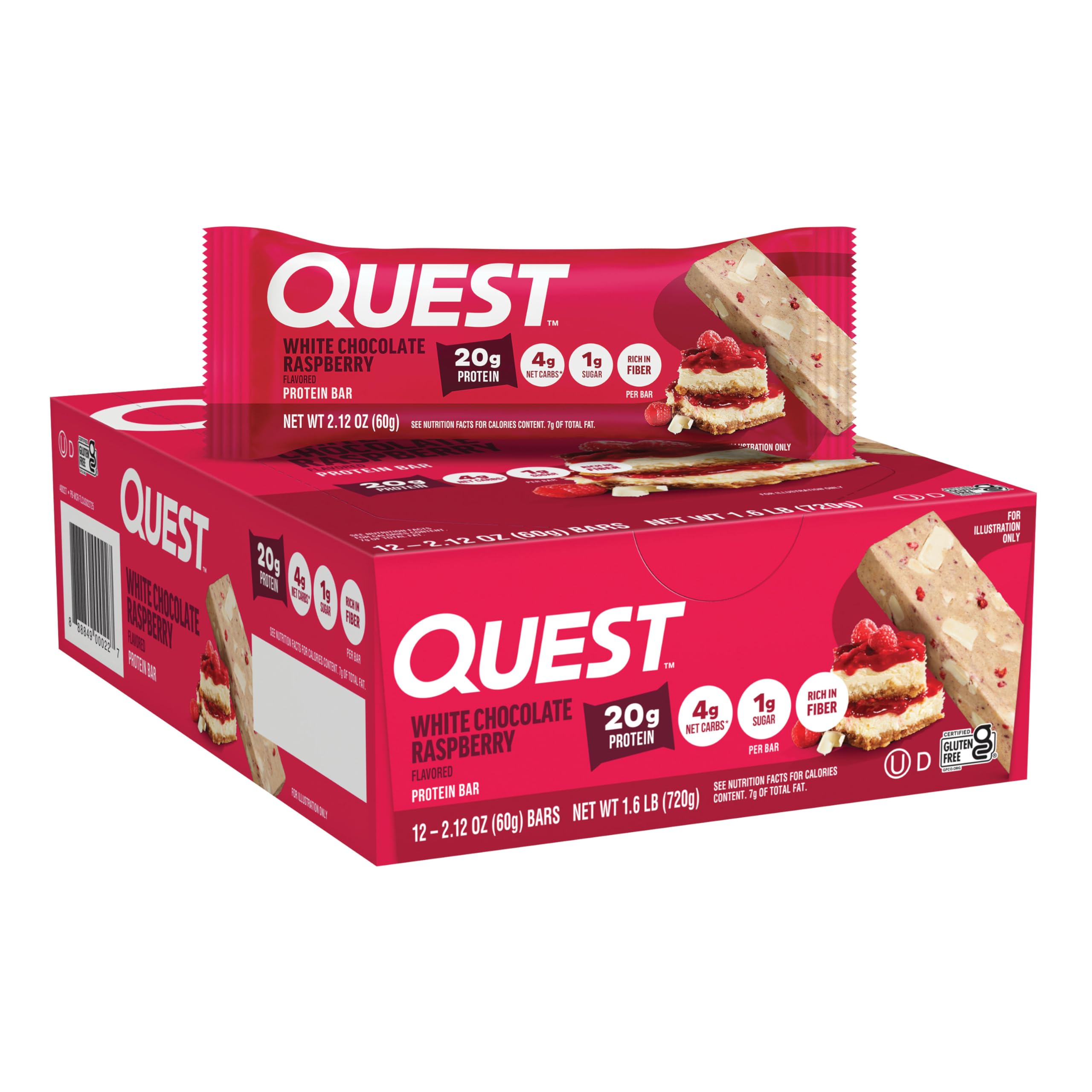 Quest Nutrition White Chocolate Raspberry Flavour Protein Bar, Gluten free, Vegetarian friendly, No Sugar, Keto Friendly, 12-Count, QPBWCR12