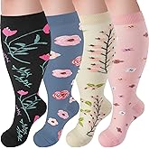 Tinojye 4 Pairs Plus Size Compression Socks,Extra Wide Calf 20-30 mmHg Knee High Compression Socks for Men Women Circulation