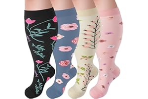 Tinojye 4 Pairs Plus Size Compression Socks,Extra Wide Calf 20-30 mmHg Knee High Compression Socks for Men Women Circulation