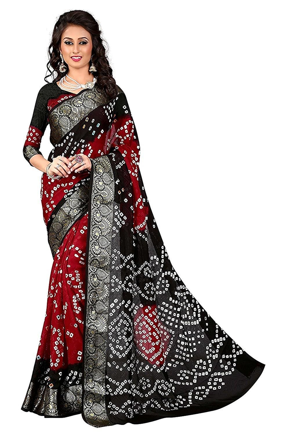 fabdiamond women cotton saree with blouse piece (black red_free size)