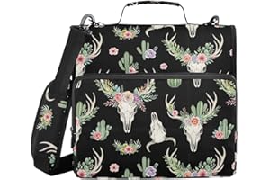 Deer Skull Floral Pattern Zipper Binder Bag 3 Ring with Shoulder Strap & Handle Large Binder Bag Multi Pocket Zip Up Binders 
