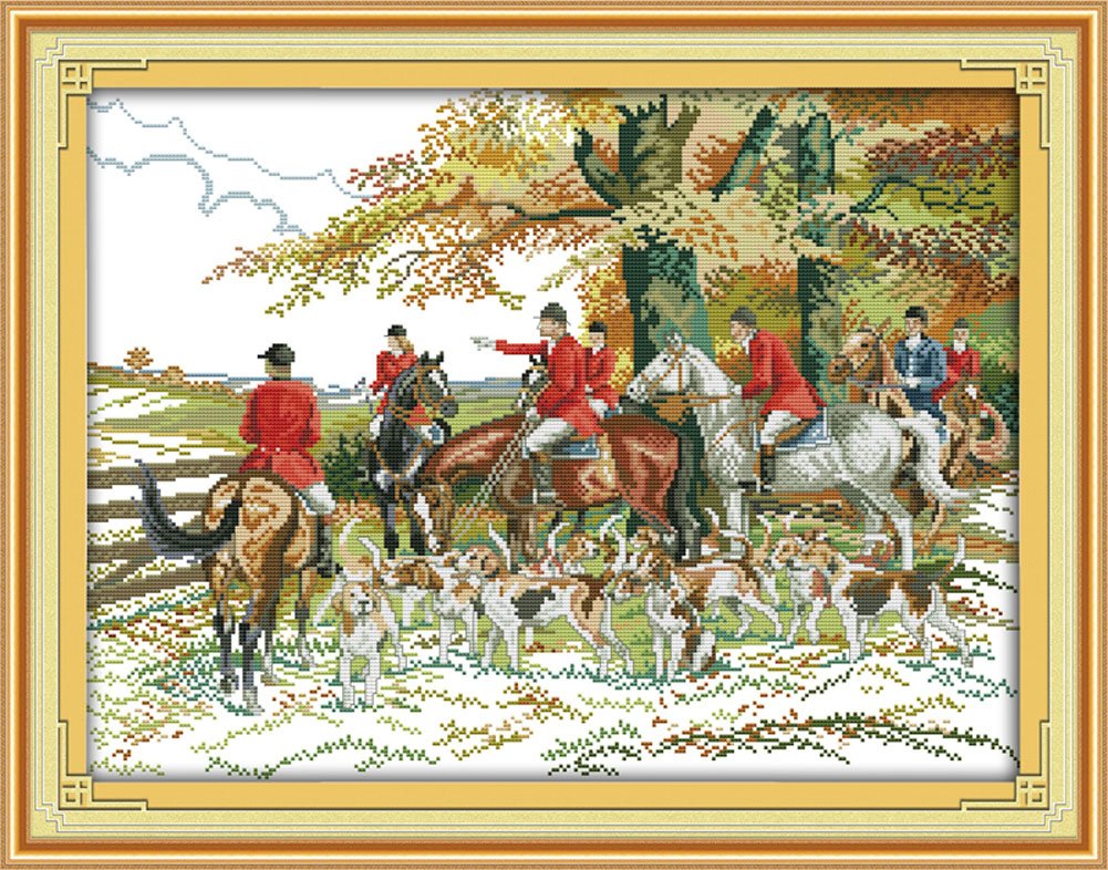 Benway Counted Cross Stitch Kit Hunting On The Horses With Hunting Dogs In Forest 14 Count 56x44cm