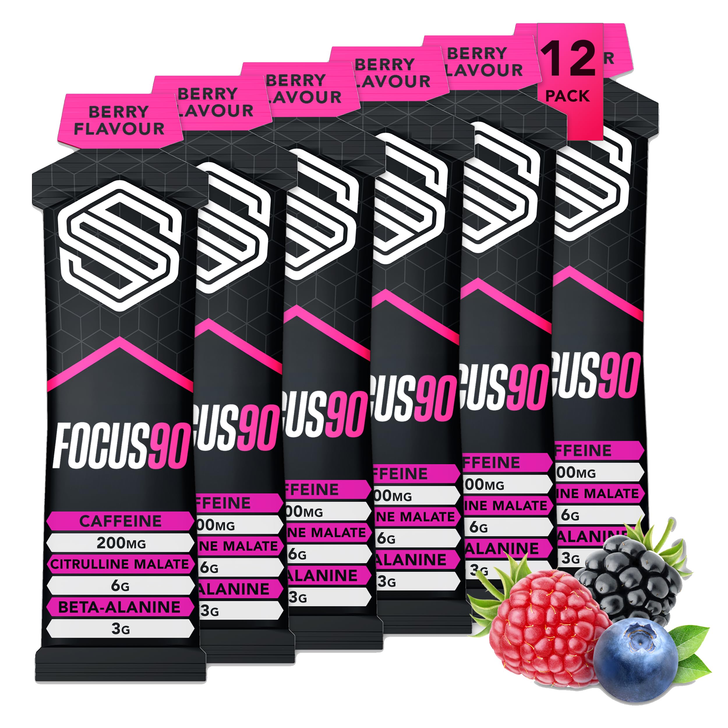 FOCUS90® Caffeine Energy Gel - by Soccer Supplement - 200mg Caffeine Per Serving, Quick Release Energy Gel Designed to Enhance Performance, 12x 70g Gels, Informed Sport Tested (Mixed Berry)