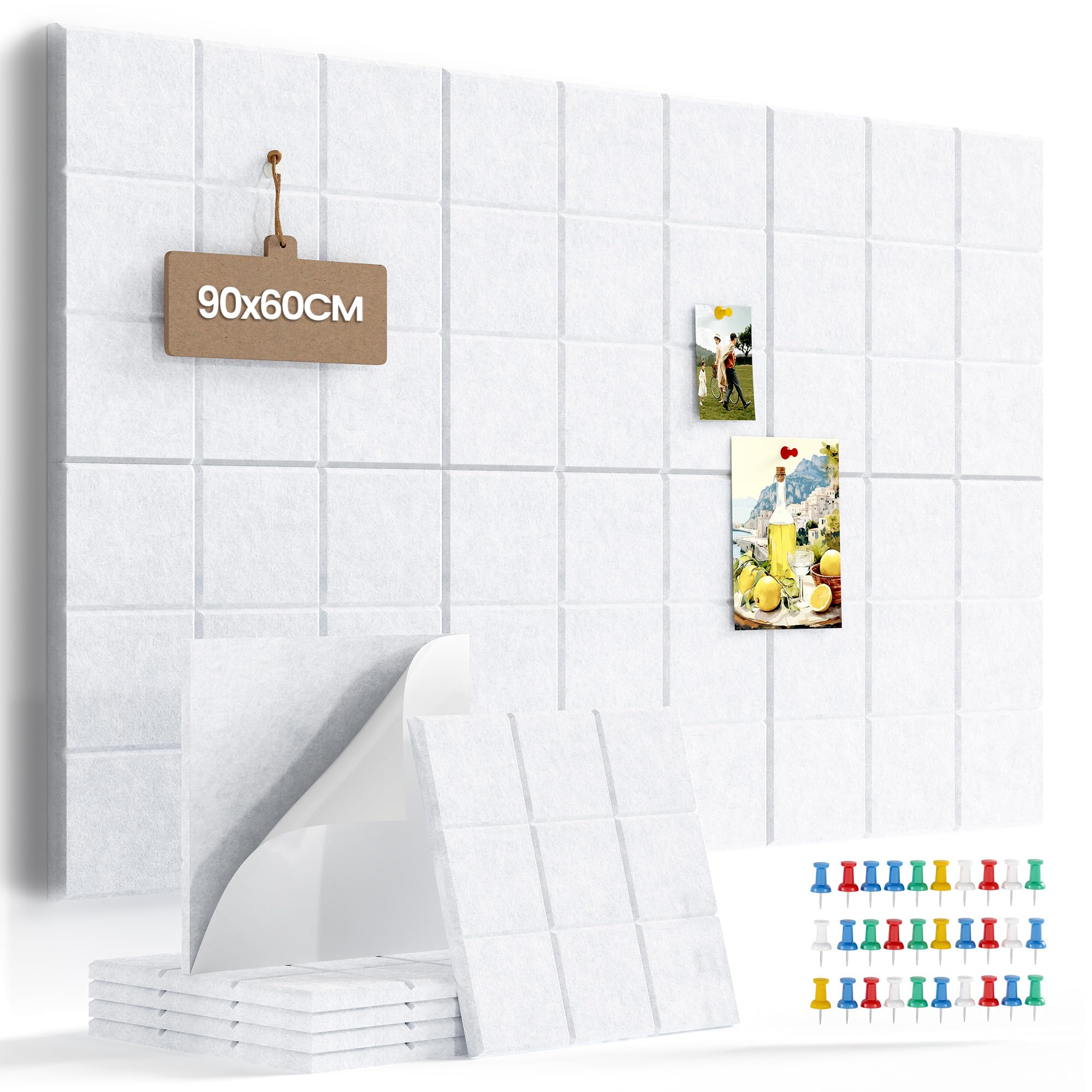 Uoisaiko Large Felt Board Tiles with 30 Pins, 30x30cm Pack of 6 Bulletin Board Notice Boards for Home Office Kitchen, Self Adhesive Pin Board Wall Tiles for Photos Memos