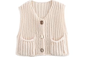 Hvewarm Womens Casual Chunky Knit Vest Gold Button Down Crop Crochet Sleeveless Sweater Vest