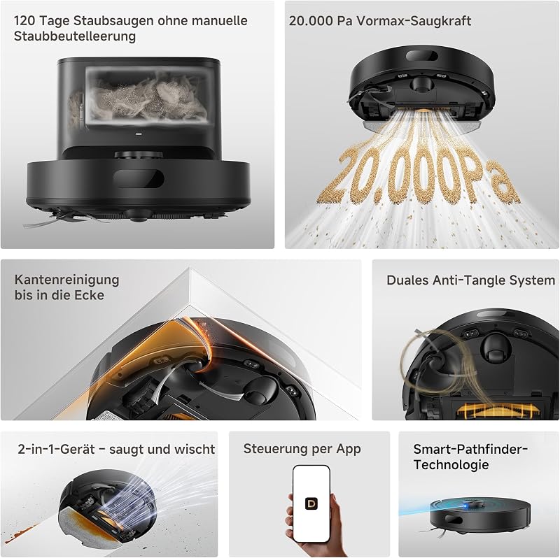 D20 Air Plus Saug- und Wischroboter mit 20.000 Pa Saugkraft, Verwicklungsschutz, selbstentleerendem Dock, Teppich-Tiefenreinigung und Smart-Navigation.