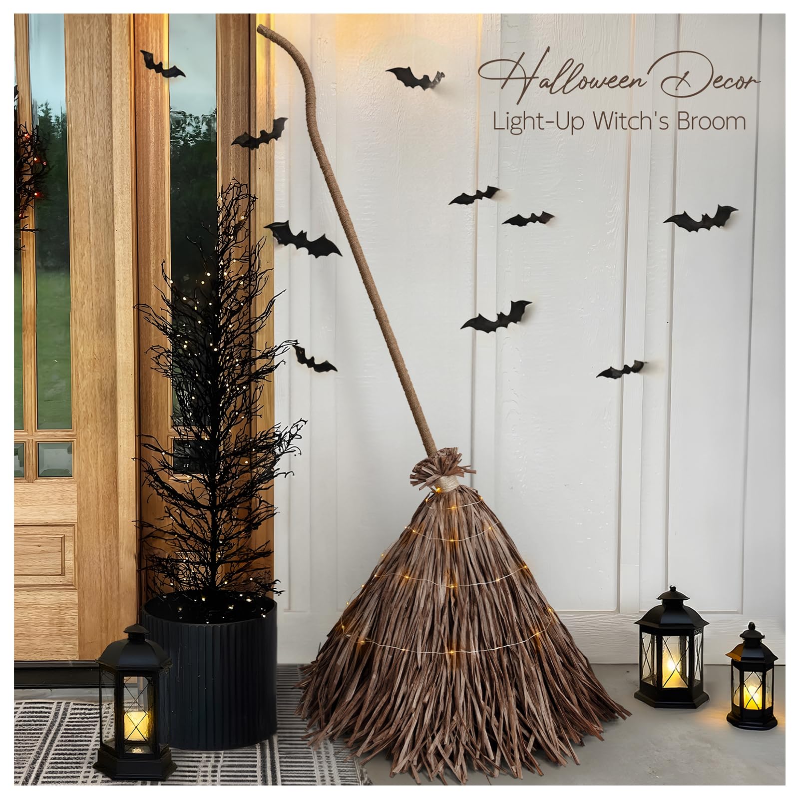 Photo 1 of Halloween Decorations - Fall Decor for Home - 5.2 Ft Giant Light-Up Witches Broom - Rustic Farmhouse Decoration for Indoor Outdoor Front Door Porch