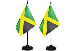 BCLIN Jamaica Desk Flag Set, 2 Pack Jamaican Table Office Flags, Small Mini Desktop Flag With 12" Solid Black Pole, Black Base, Miniature Desktop Flag