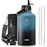 BUZIO Insulated Water Bottle with Straw Lid and Flex Cap, 64oz Double Wall Vacuum Stainless Steel Water Thermo Wide Mouth Lid, Cold for 48 Hrs Or Hot for 24 Hrs Sweat Proof Flask, Indigo Crush