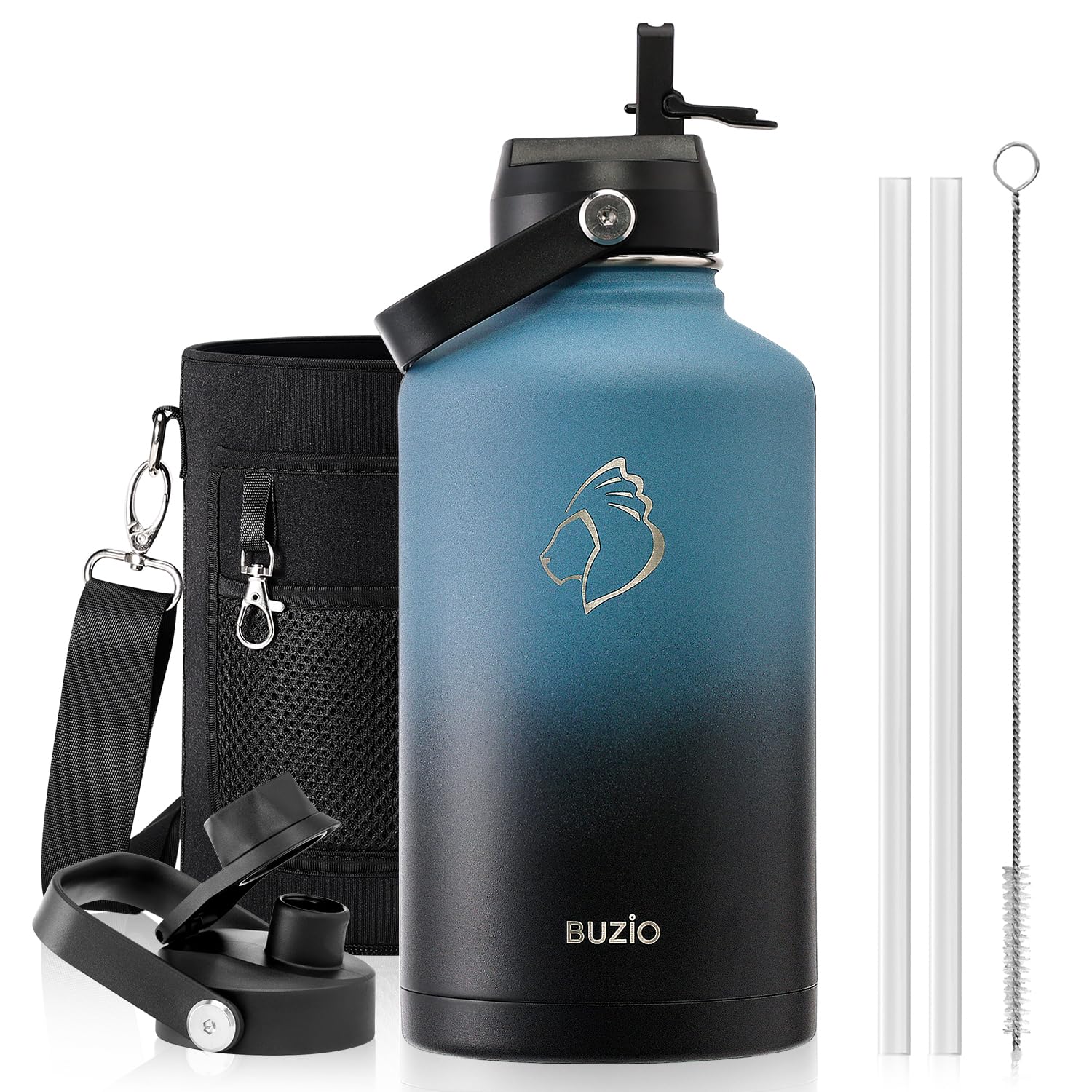 Insulated Water Bottle 2L, BUZIO Stainless Steel with Straw Lid and Flex Cap Cold for 48 Hrs, Hot for 24 Hrs Double Wall Wide Mouth BPA Free Leak Proof, Indigo Crush — image 1