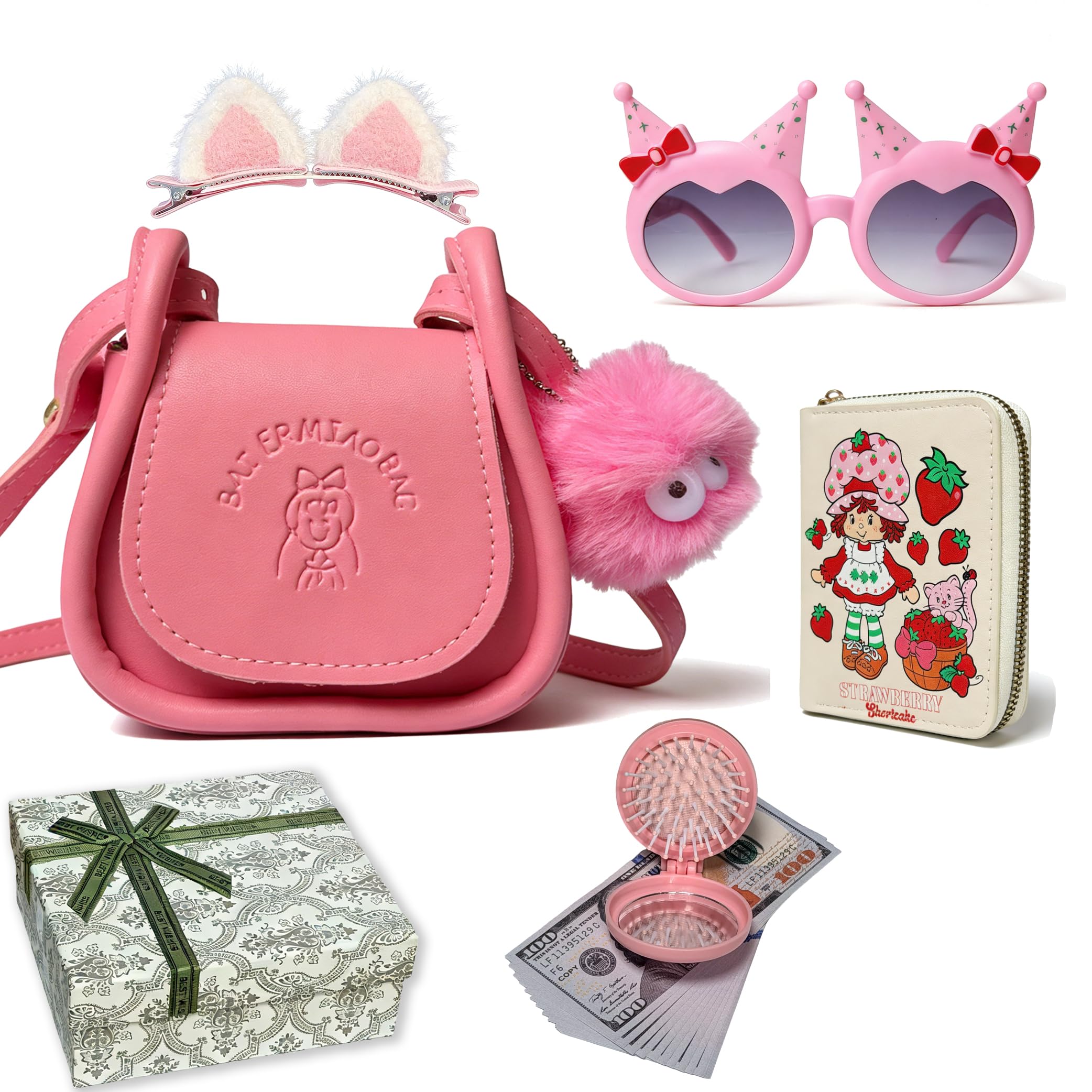 Play Purse for Little Girls 3 4 5 6 7+,Toddler Purse with Pretend Makeup for Girls,Princess Toys Within Crossbody Bag, Wallet, Hairpin, Sunglasses,Kids Toy Purse Easter Birthday Gift Toys for Kids