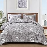 Yiran 7 Piece Bed in a Bag Queen Grey Comforter Set White Floral Bedding Set Flower Leaves Botanical Soft Microfiber Comforter with Flat Sheet Fitted Sheet for All Season(Queen 90"×90")
