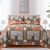 BEDIFANY Cotton Quilts King Size for Farmhouse- Fall Patchwork Bedspread Set - Highly-Woven Soft Reversible King Size Bed Spread for All Seasons (Floral Orange) 3 Pieces