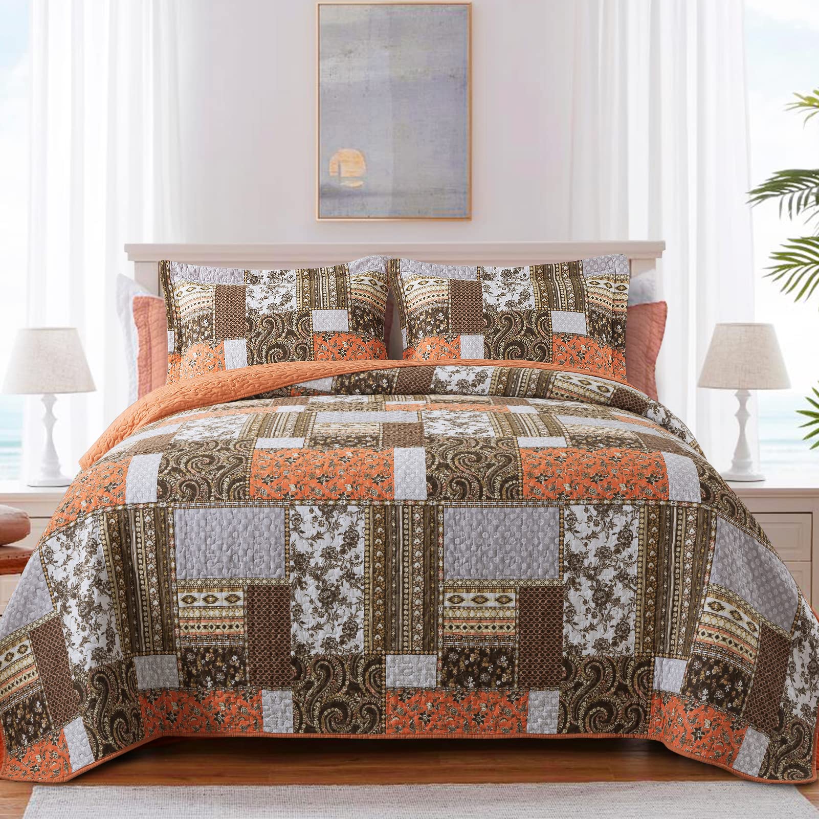 BEDIFANY Cotton Quilts King Size for Farmhouse- Fall Patchwork Bedspread Set - Highly-Woven Soft Reversible King Size Bed Spread for All Seasons (Floral Orange) 3 Pieces Image