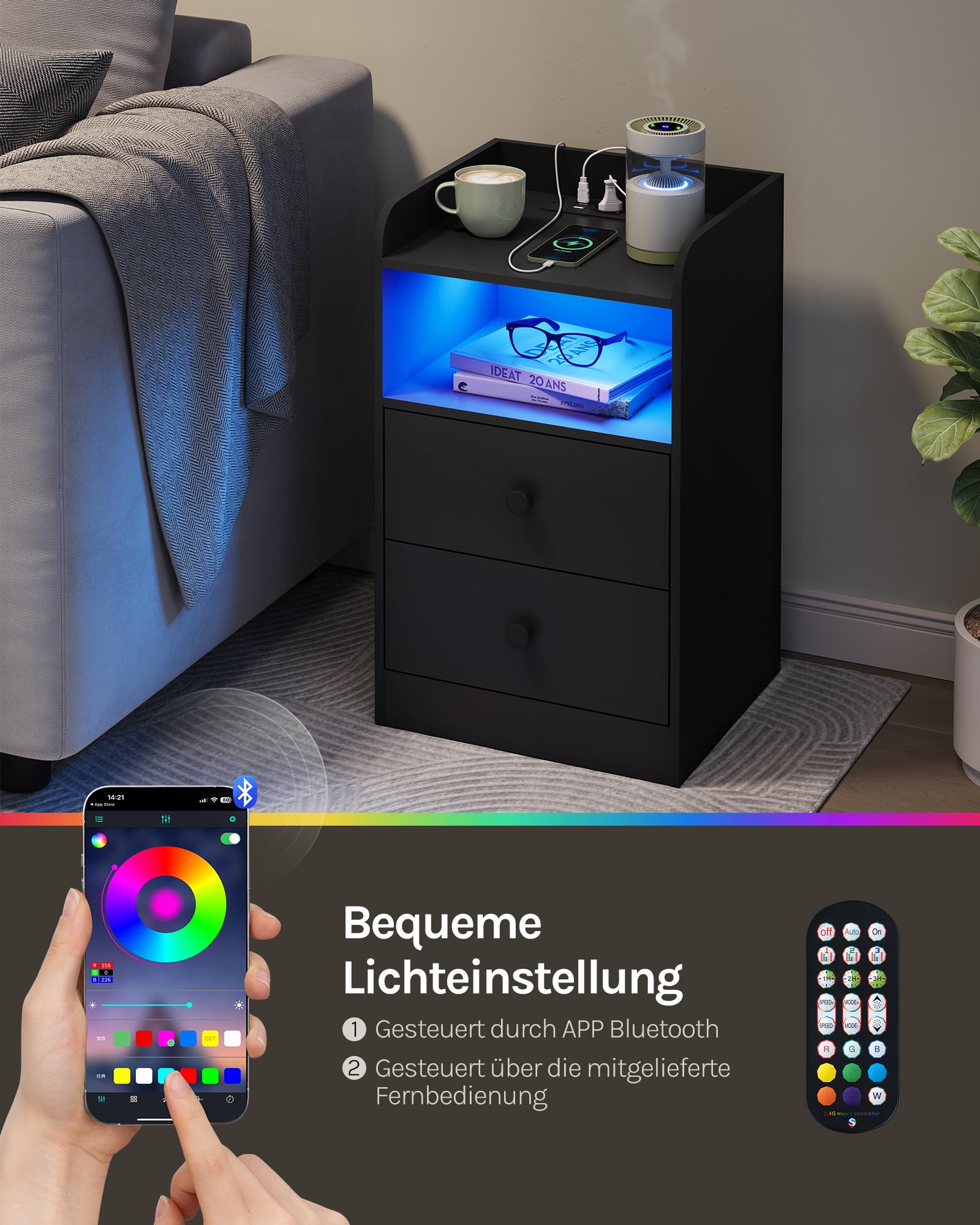 WOLTU Nachttisch 2er Set, mit Steckdose, Nachtschrank mit LED-Beleuchtung, schwarz, 2 Schubladen und 1 offenem Fach, 40 x 35 x 64 cm, geeignet für Schlafzimmer, Wohnzimmer, moderner Stil, NTS07sz-2 5