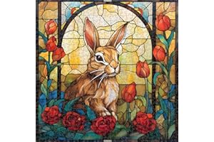 PICKFORU Stained Glass Puzzles Bunny Puzzles for Adults 1000 Pieces, Flower Garden Puzzle Easter, Colorful Art Puzzle for Adults Bunny, Stained Glass Challenging Jigsaw Puzzles for Adults