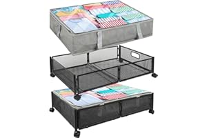AKASISRUG Under Bed Storage Containers, Rolling Under bed Storage Containers with Wheels and Handles, Foldable Heavy Duty Metal Storage Organizer For Clothes, Blankets, Shoes, Bedding, Book and Toys (2-Pack, Black)