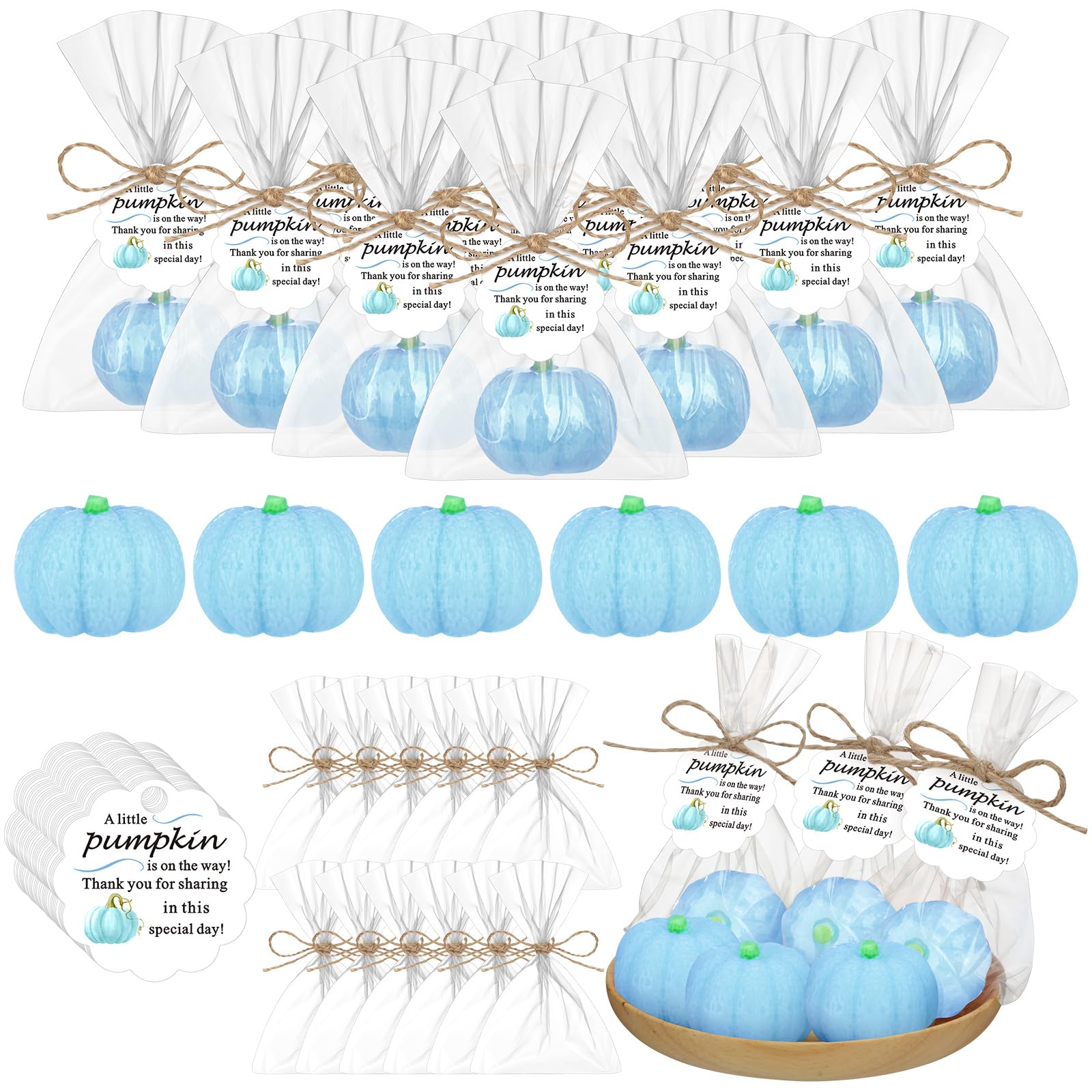 Photo 1 of Demissle 20 Sets Pumpkin Baby Shower Favors Mini Pumpkin Soap Thanks Cards Gift Bags with String for Fall Thanksgiving Bridal Shower Wedding Autumn Party Decorations Guest Gifts (Blue)