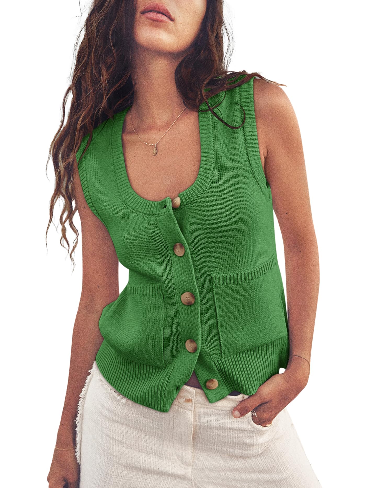 Photo 1 of Cropped Tank Tops for Women Sweater Vest Button Down Shirts Work Spring Blouses for Women 2025 Green M