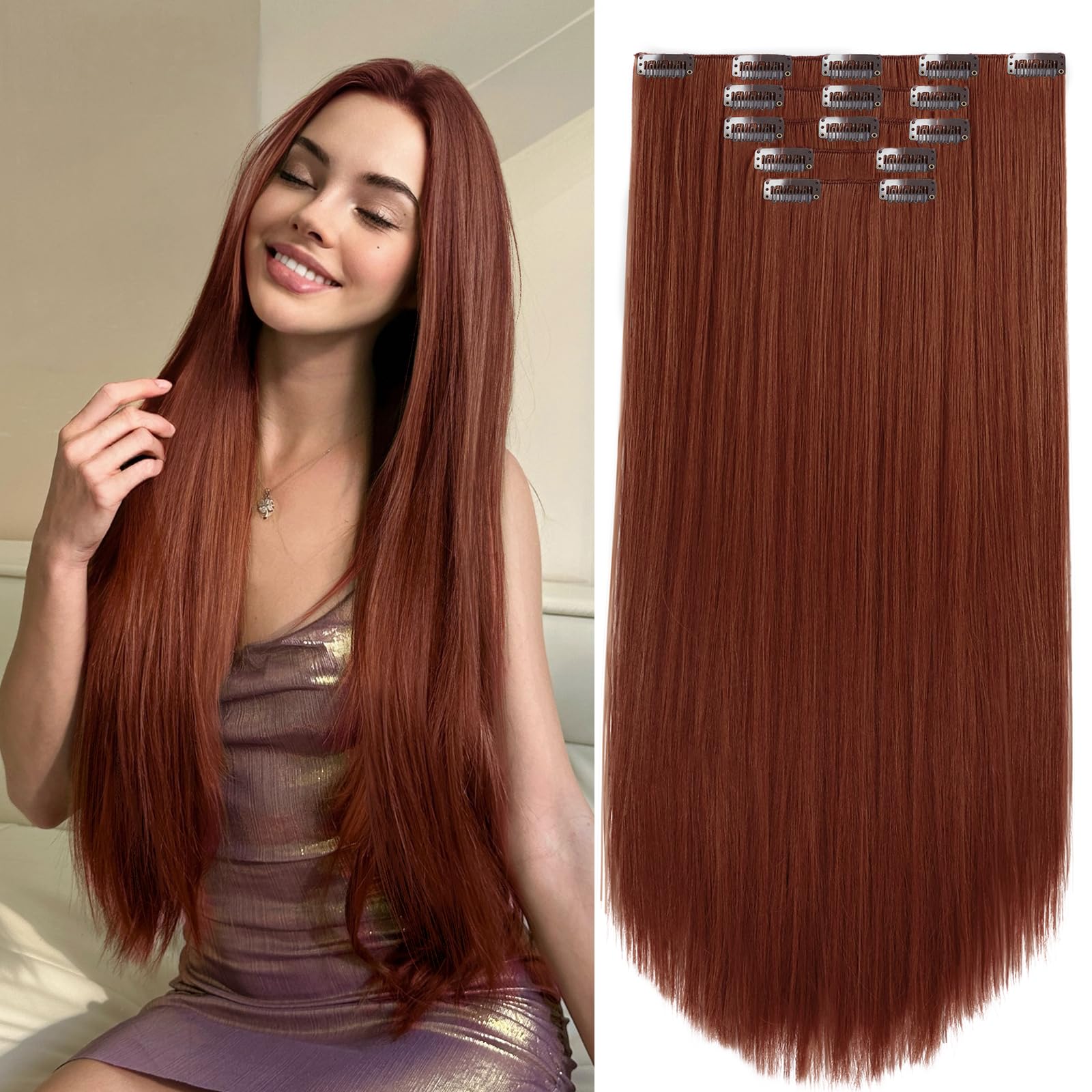 Photo 1 of StrRid Hair Extension Clips Straight Invisible 26 Inch Long Thick Synthetic Clip in Extensions 5PCS Soft and Beautiful Copper Red Hairpieces Heat Resistant for Women Weddings Party Daily Use 8.1 Oz