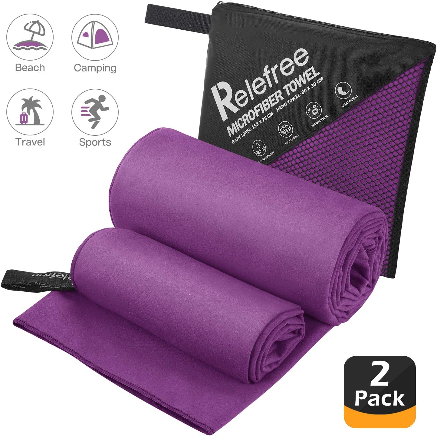 Relefree Microfiber Beach Towel Set(2 Pack), Golf and Gym Towels Quick Dry, Sand Free, Super Ultra Absorbent, and Compact Suitable for Travel Camping, Hiking, Swimming, Backpacking