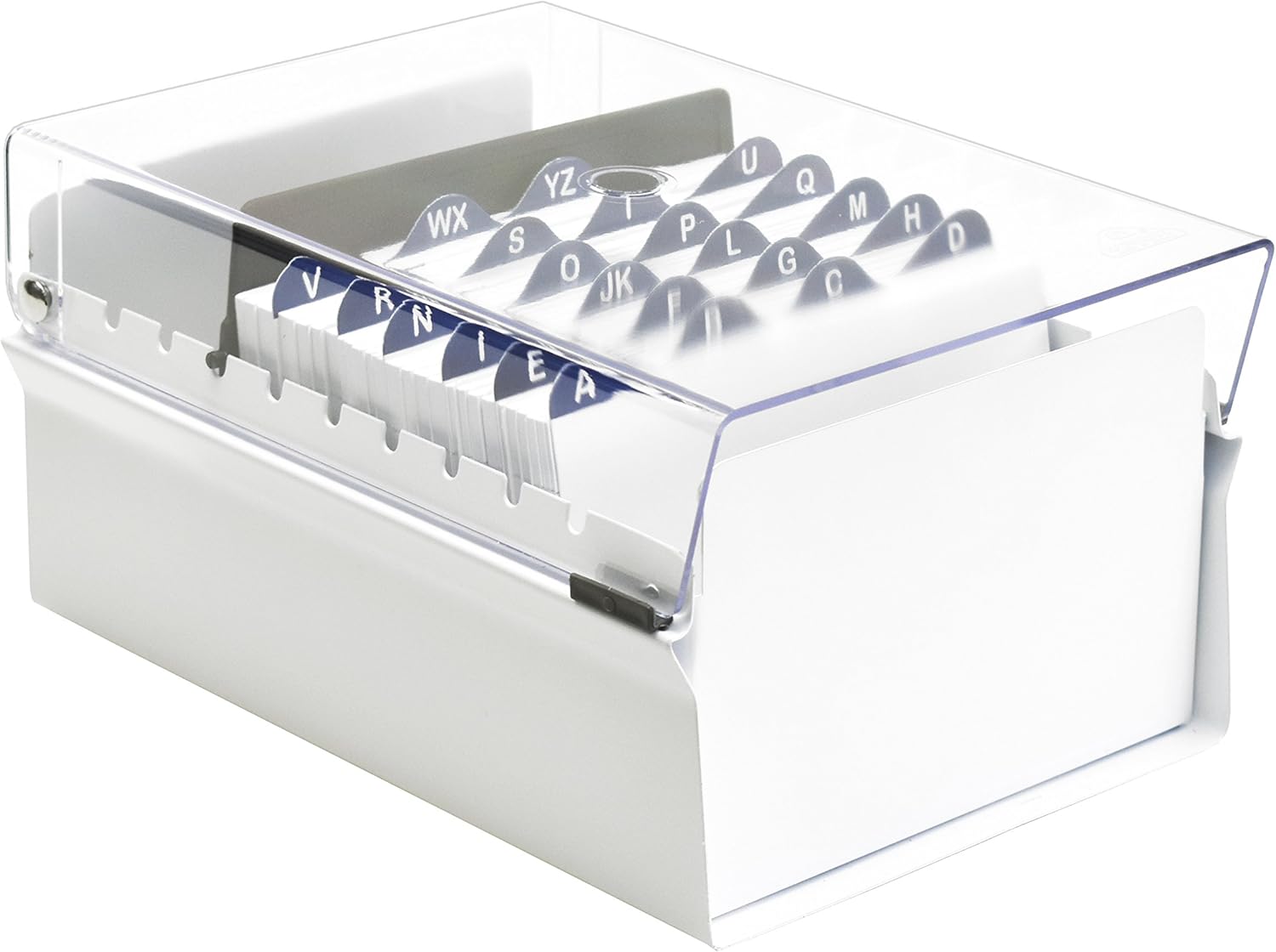 Acrimet 4'' X 6'' Card File Holder Organizer Box Metal Base Heavy Duty (AZ Index Cards 155mm width x 115mm height and Divider Included) (White Color with Clear Crystal Plastic Lid Cover) - Image 3