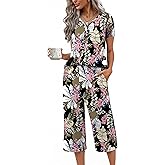 Ekouaer Women's Pajama Sets Short Sleeve Sleepwear Button Up Pj Loungewear Top and Capri Pants with Pockets