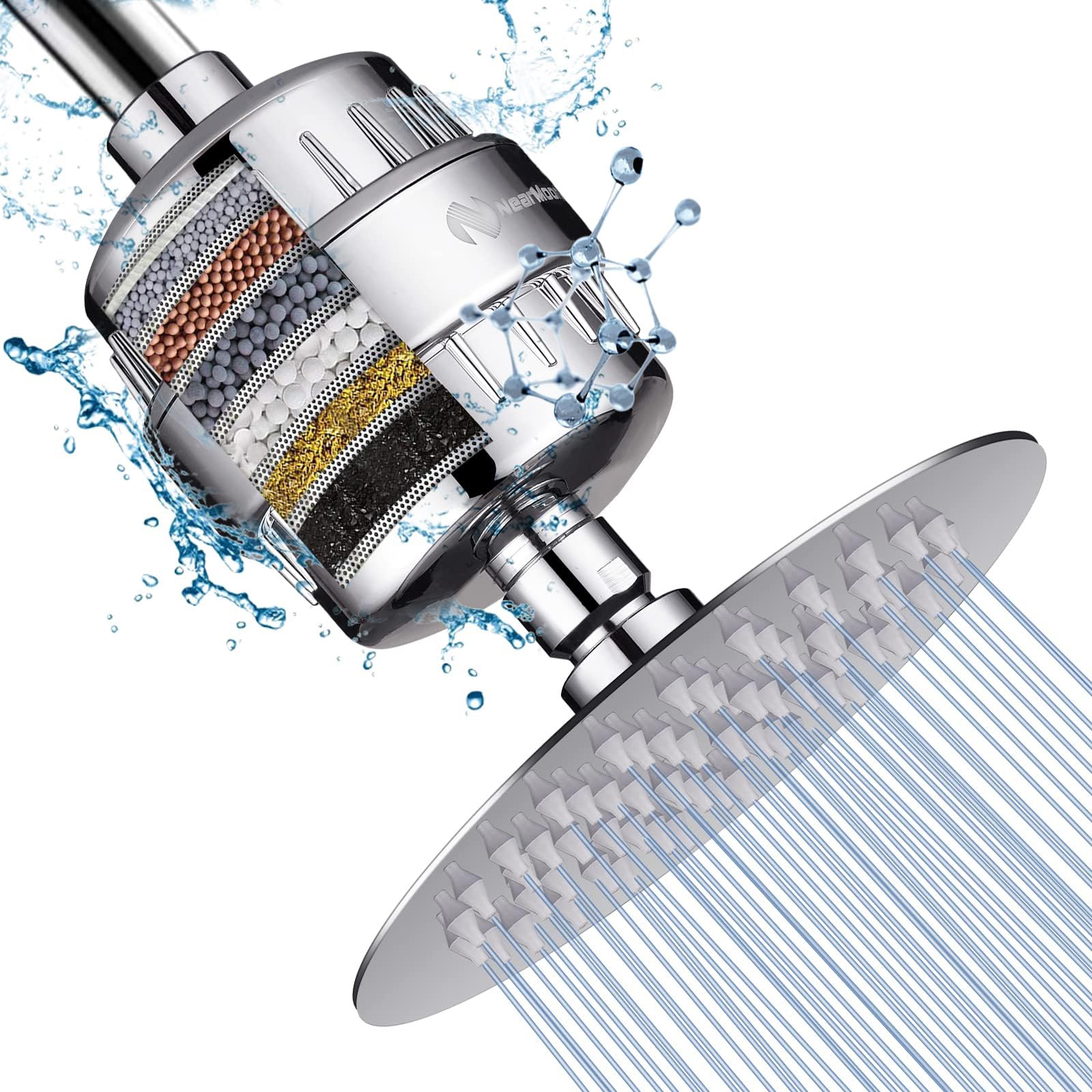 NearMoon Shower Head and 15 Stage Shower Filter Combo, High Pressure Filtered Showerhead Softener for Hard Water, Removes Chlorine Fluoride and Harmful Substances- 1 Replaceable Filter Cartridge