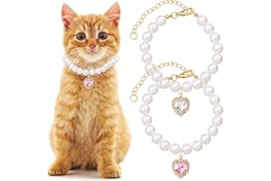 Mxxipp 2pcs Cat Dog Pearl Collar, Small Heart Shape Rhinestone Pet Necklace, Adjustable Wedding Party Pet Jewelry Accessories for Puppy Small Cats- White & Pink