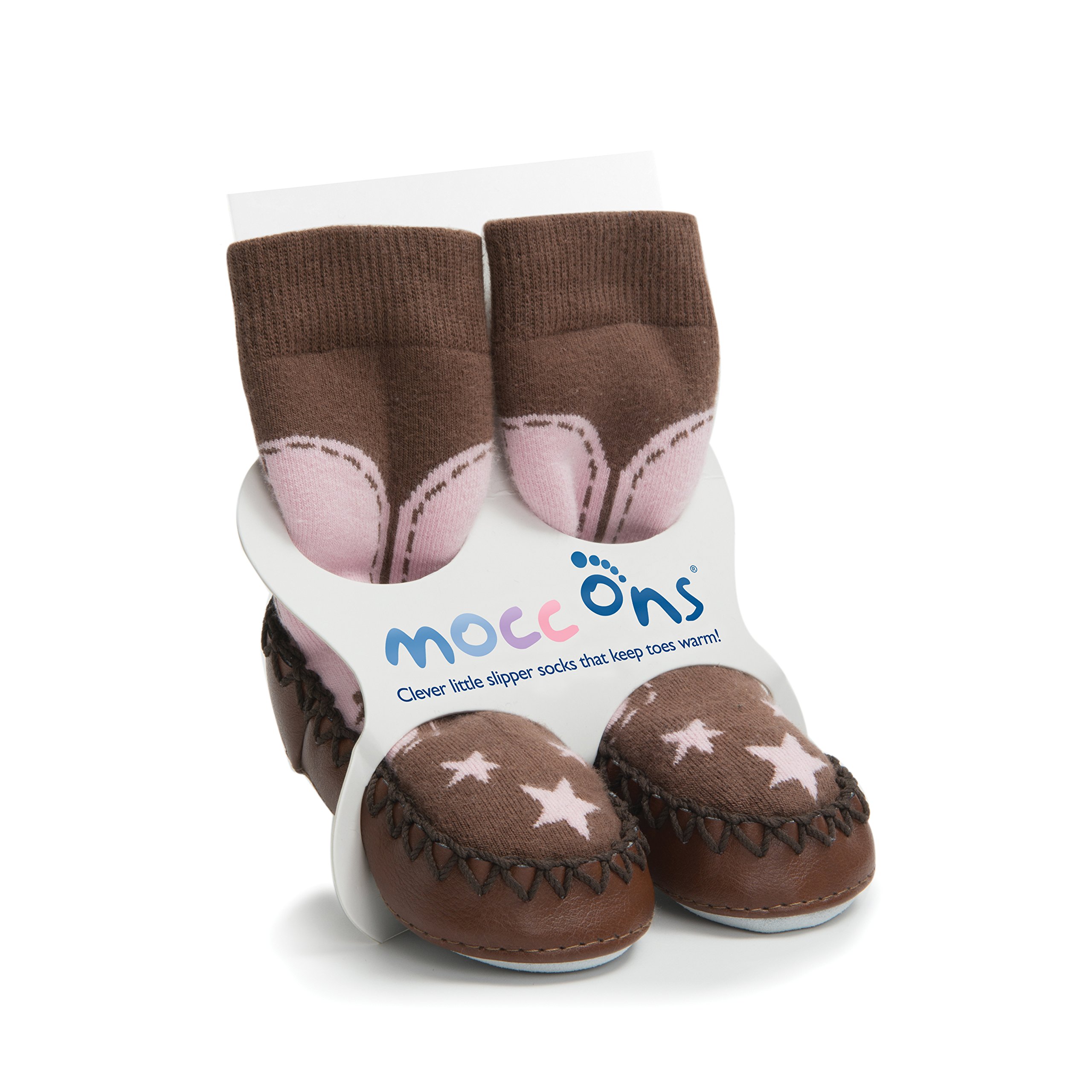 Mocc Ons moccasin washable leather sole slipper socks (18-24 Months, Cowgirl)
