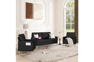 TYBOATLE 66" Black Faux Leather Sofa Couches w/USB, 3 Piece Living Room Set, Mid-Century Modern Loveseat 2 Seater Office Small Couch Love Seat for Small Space, Bedroom, Apartment