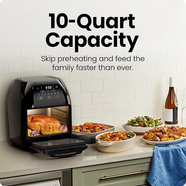 CHEFMAN MULTIFUNCTIONAL DIGITAL AIR FRYER+ ROTISSERIE, DEHYDRATOR, CONVECTION OVEN, 17 TOUCH SCREEN PRESETS FRY, ROAST, DEHYDRATE, BAKE, XL 10L FAMILY SIZE, AUTO SHUTOFF, LARGE EASY-VIEW WINDOW, BLACK