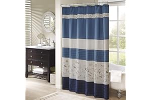 Madison Park Serene Shower Curtain Faux Silk Embroidered Floral Machine Washable Modern Home Bathroom Decorations, 72 x 72 in, Navy