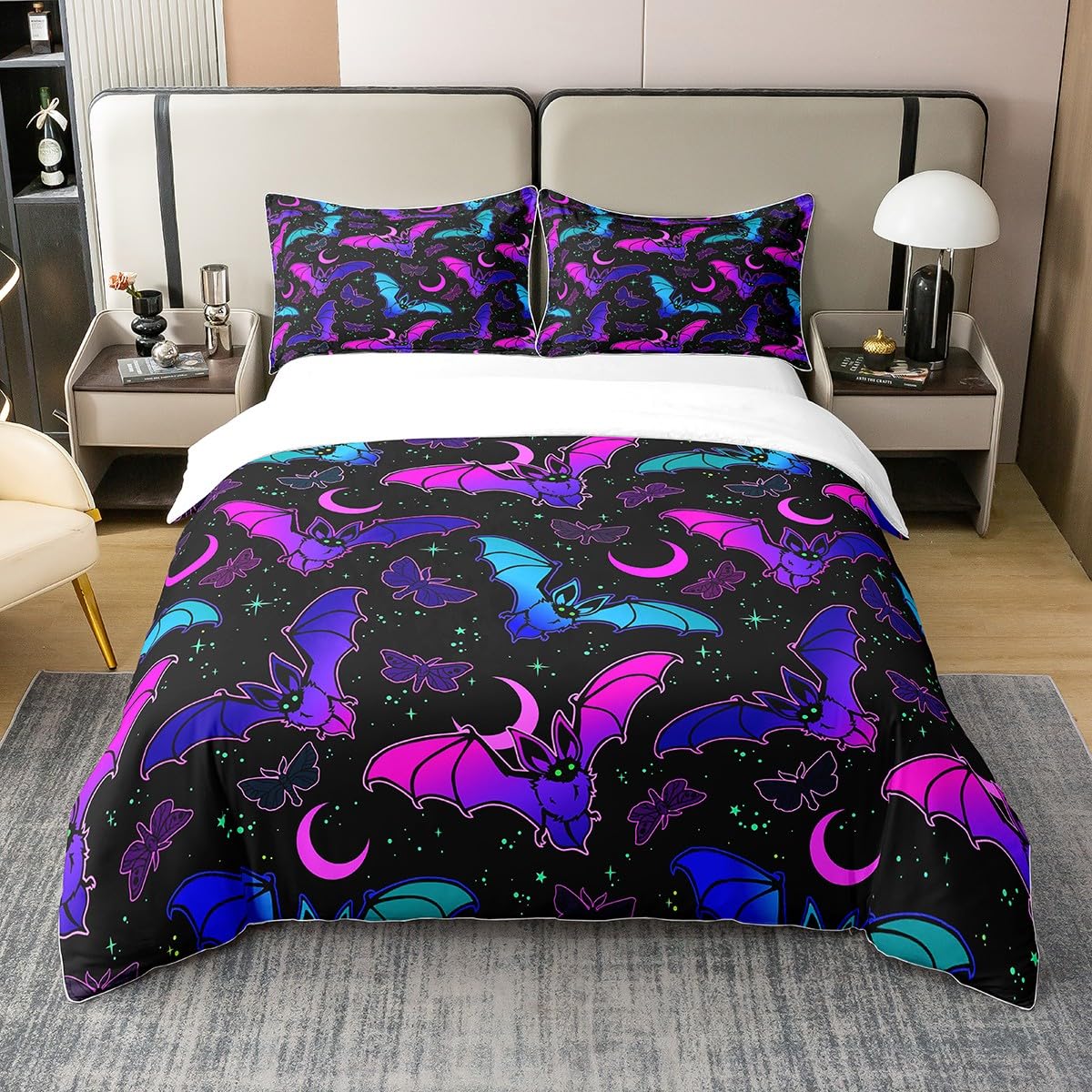 Bat Cotton Duvet Cover Set King Size Halloween Trippy Comforter Set for Kids Boys Girls Butterfly Comforter Colorful Duvet Set Bedroom Quilt Set