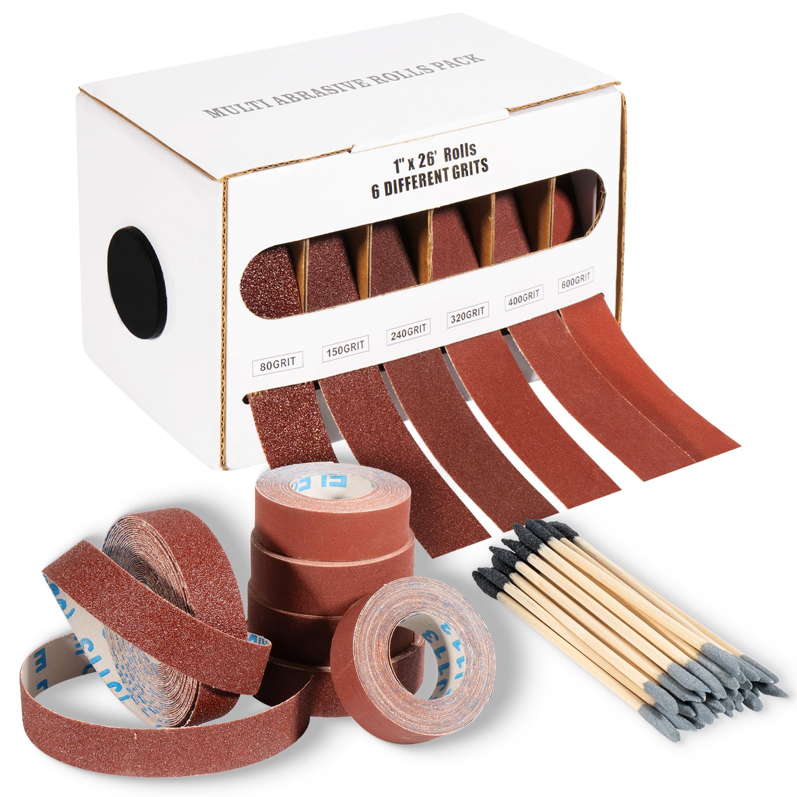 Emery Cloth Roll 6 Grits – 80 To 600 With Dispenser & Double-Ended Sanding Sticks For Wood, Metal & Automotive Polishing