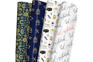 WAPLIGHAL Eid Wrapping Paper for Men Women Kids - Crescent Moon, Stars, Lantern, "Ramadan Kareem"and "Eid Mubarak" Letter Designs - Islamic Gift Wrap for Eid al-Fitr, Birthday, Baby Shower - 20 X 29