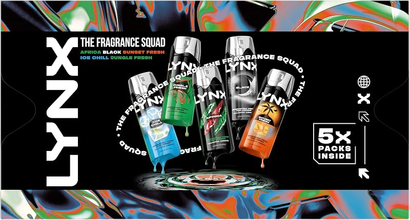 LYNX Fragrance Squad Gift Set 5x 150ml Body Sprays Africa Black Sunset Ice