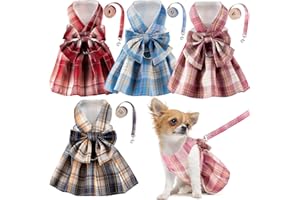 Potchen 4 Pcs Cute Plaid Dog Dress Set with Bow Tie Harness & Leash for Small Dogs, Puppy Clothes for Girls Outfits(M,Dark Color)