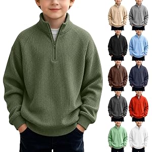 Boys Quarter Zip Pullover Waffle Knit Long Sleeve Oversized Sweatshirts | Quarter zip oversized pullover crafted with lightwe