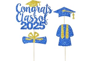VETWO 4 Pcs Congrats Class of 2025 Cake Topper Blue Gold Glitter Class of 2025 Cake Decorations High School/We are So Proud of You/Happy Graduation Party Cake Supplies