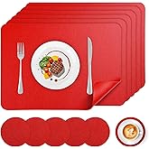 APLKER Faux Leather Placemats Set of 6, Vinyl Placemats Heat Resistant Place Mats, Waterproof Oil-Proof Wipeable Dining Table Mats and Coasters for Kitchen, Indoor, Outdoor (Red)
