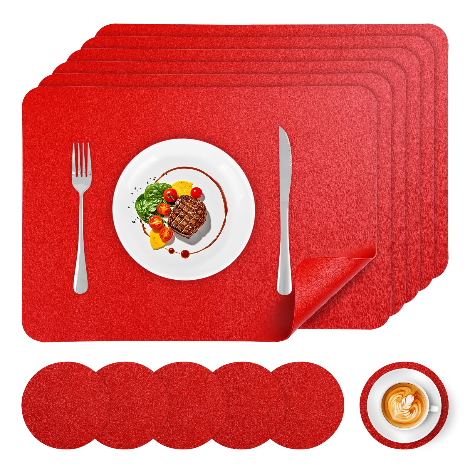 APLKER Faux Leather Placemats and Coasters Set of 6, Wipeable Waterproof Oil-Proof Heat Resistant Table Mats for Dining, Kitchen, Hotel, 16.9 x11.8 inches（Large Place Mats）- Bright Red